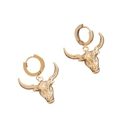 China Qufan Fashionable Wholesale Animal Rhinestone Paved Charm Small Ox Moon Jewelry Head Earring For Women for sale