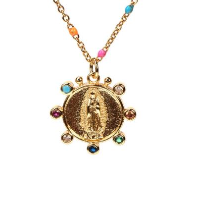 China Qufan Religious Well-designed Gold Micro Pave Virgin Saint Mary Necklace Zircon Crystal Rainbow Beads Round Pendant Necklace for sale