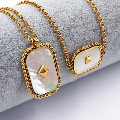 China CLASSIC Fashion 18K Gold Plated Stainless Steel Jewelry Twist Border Square Shell Pyramid Pendant Accessories Necklaces Bracelet Set for sale