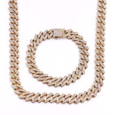 China High Quality Jewelry Set 2022 New Design HipHop Fashion Stainless Steel Jewelry Ice Out Necklace Miami Cuban Link Chain Gold Plated Necklace Bracelet Set for sale