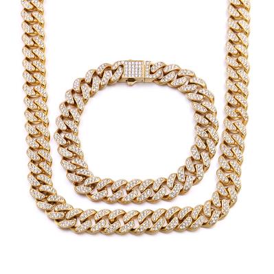 China 2022 TRENDY New Design Fashion Stainless Steel Jewelry Set Gold Plated Iced Out Miami Cuban Link Chain Bracelets Necklace Set For Men for sale