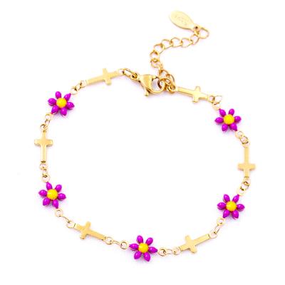 China TRENDY Rainbow Flowers New Designs Cute Colorful Trendy Luxury Custom Cross Charms Jewelry Colorful Daisy Stainless Steel Bracelet for sale