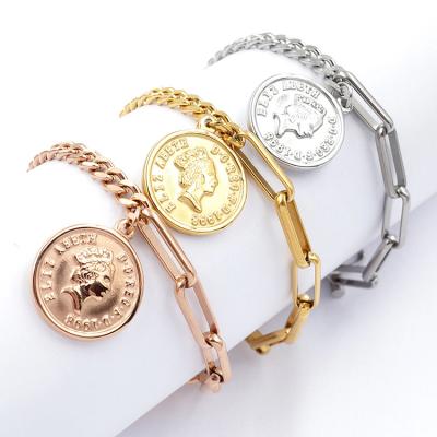 China High Quality Trendy Elizabeth Round Coins Gold Plated Stainless Steel Asymmetry Chain Bracelet Women Jewelry Fashion Jewelry for sale