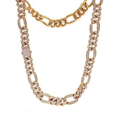 China Luxury Hiphop Hiphop Gold Bracelet Necklace Stainless Steel Jewelry Set CZ Iced Out Different Size Cuban Chain Link Chain For Man for sale