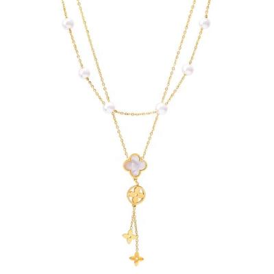 China FASHIONABLE High Quality Trendy 18k Gold Plated Stainless Steel Jewelry Double Layer Chain Shell Bead Flower Pendant Pearl Necklace For Girl for sale