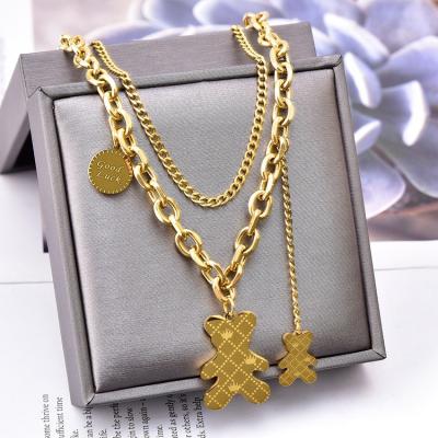 China Fashion TRENDY Jewelry Tranish Free Polish 18K Gold Plated Stainless Steel Sweater Chain Bear Animal Tassel Pendant Necklace For Women for sale