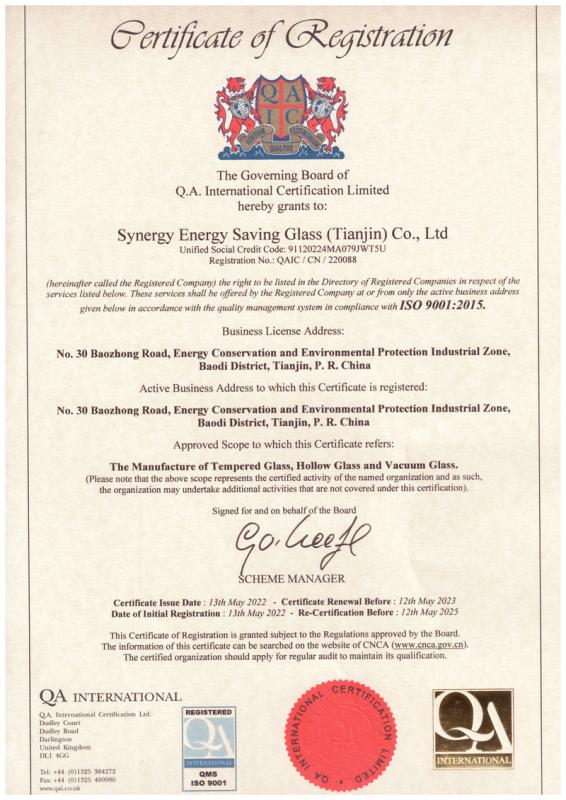 ISO9001 - Synergy Energy Saving Glass (Tianjin) Co., Ltd.