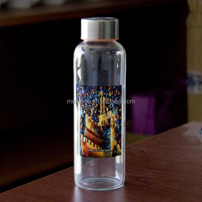 China Viable Sublimation Empty Glass Water Bottle With White Patch Coating 370ml Glass Gift Bottle for sale