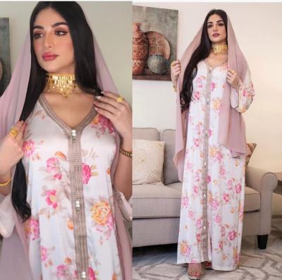 China Long Sleeve Muslim Dress Eid al-Adha Hijab Dress For Women's Jalabiya Dubai Oman Islamic Clothing 2021 White Ethnic Floral Arabic Muslim V-Neckline Long Sleeve for sale