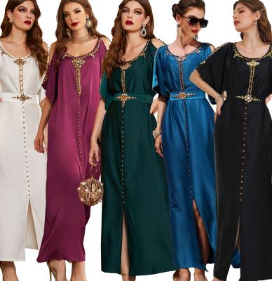 China Fashion Hand-sew Diamond Abaya Dress For Women Chill At Short Sleeve Evening Party Festival Middle Eastern Arab Clothing for sale