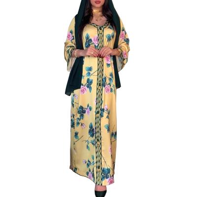 China Long Sleeve Muslim Dress Dubai Jalabiya Fashion Muslim Abaya Dress For Women Moroccan Kaftan Turkey Oman Arabic Islamic Clothing Yellow 2021 for sale