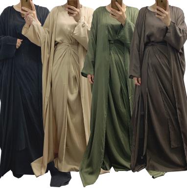 China Long Muslim 3 Pieces Sets Muslims + Long Skirt Woman Abaya Front Open Kaftan Cardigan Solid Color Women's Sets for sale