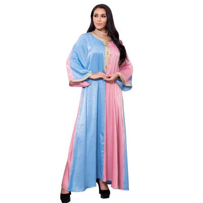 China New Color Pink and Blue Color Two Sleeve Robe Loose Kaftan Robe Muslim Abaya Morocco Gold Trim Loose Kaftan Muslim Long Splicing Turkish Islam for sale