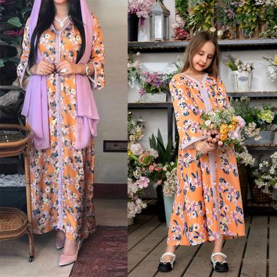 China Sweet Orange Matching Maxi Dresses Middle East Floral Parent-Child Fashion Mother Kids Girls Family Clothes Clothes Muslim Outfits Autumn for sale