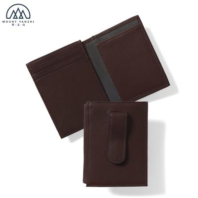 China Class Quality Cowhide Genuine Leather ID Window Clear Leather Card Holder With Silver Clip for sale