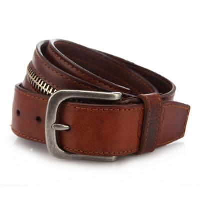 China Wholesale Retro Casual Men Leather Belts New Fashion Genuine Leather Strap Belt With Middle Zipper for sale