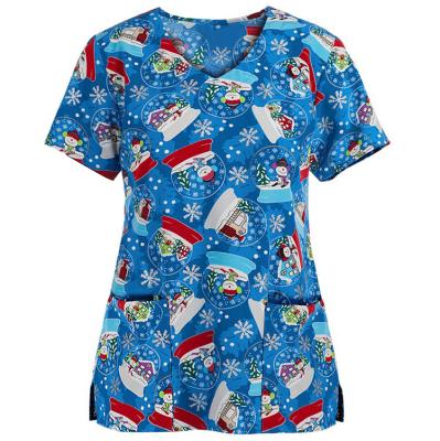 China Hot Sale Breathable V-neck Printed Women Uniform Hospital Christmas Scrub Top for sale