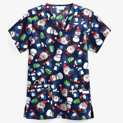 China Breathable Fashionable Short Sleeve Nurse Medical Uniforms Scrub Top Cartoon Printed Scrub for sale