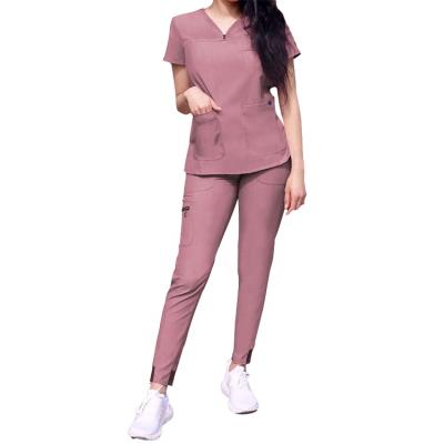 China Breathable Modern Sporty V-Neck Scrub Top And Yoga Jogger Scrub Pants Spandex Scrubs Set For Women for sale