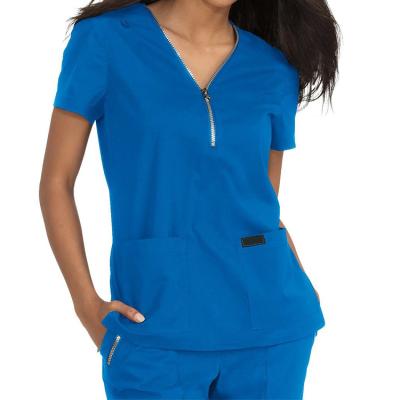 China Breathable Fashionable Medical Uniform Scrub Nurse Hospital Uniform Women Silver Zipper Stretch Scrub Top for sale