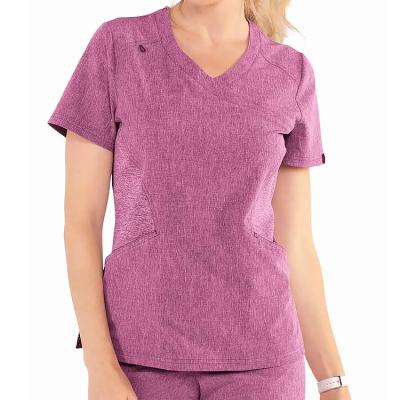 China OEM Custom Nurse Uniform Women's 2-Pocket Mock Breathable Wrap Knit Panel STRETCH Scrub Top for sale