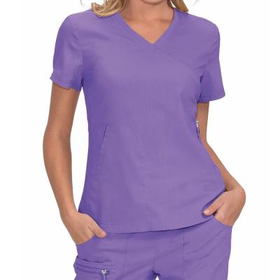 China Breathable Wrap Side Zipper Stretch Women Scrub Nurse Hospital Uniform Spandex Scrub Top for sale