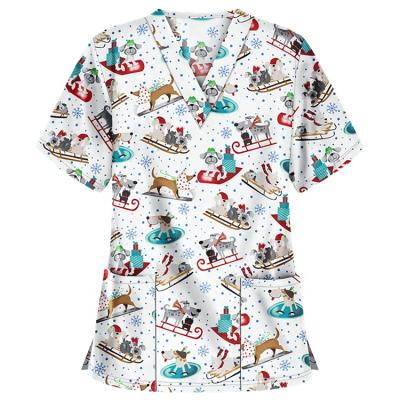 China Breathable Cartoon Animal Print Hospital Uniform Work Clothes Tops Christmas Scrub for sale