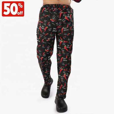 China Breathable Restaurant Work Pants Men And Women's Loose Printed Chef Pants Kitchen Uniforms With Floral Elastic Waist for sale