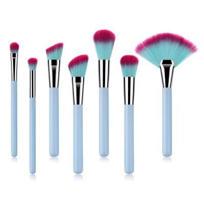 China Angular Blush Newest 7pcs Big Blue Wooden Handle Fan Brush Makeup Set Brush for sale