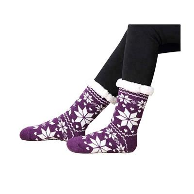 China Wholesale AJ18189 Anti-Fault Women's Fleece Striping Thick Fuzzy Soft Christmas Thermal Snowflake Home Socks Slipper Socks for sale