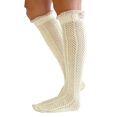 China AJ18403 Women's Anti-skid Ivory Cotton Knitted Lace Boot Knee High Socks with Lace Trim and Buttons Elegant Ruffles for Women for sale