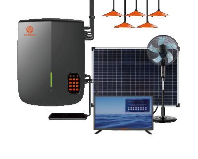 China 100W 12V DC Solar Fan PAYG 32 Inch TV Home Solar Pay As You Go Portable Home Solar Lighting Kit For Indoor And Camping for sale