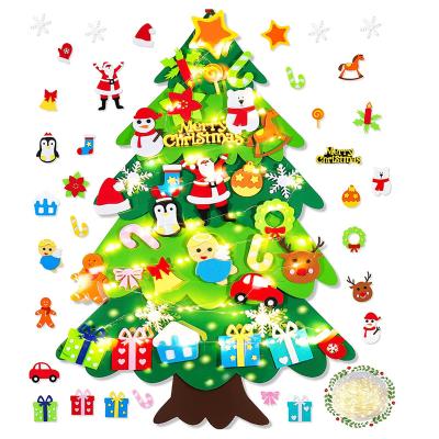 China Christmas Decoration Kids Gift Felt Wall Hanging Christmas Tree DIY Felt Christmas Tree With LED Lights Ornaments 30pcs for sale