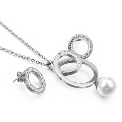 China FASHION Pearl Circle Chain Jewelry Set Hollow Set Diamond Pendant Earrings Necklace Two Set Stainless Steel Jewelry for sale