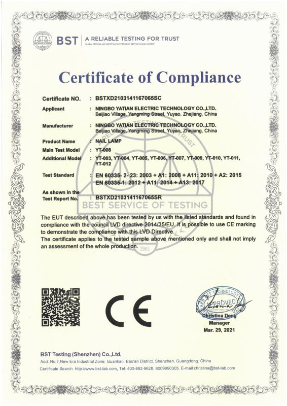 CE - Ningbo Yatian Eletric Technology Co., Ltd.