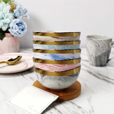 China Stocked New Products Gold Plated Custom Logo Porcelain Marble Ceramic Bowls Soup Noodle and Salad Bowl With Gold Rim for sale