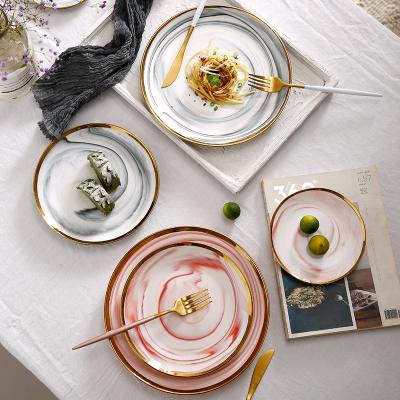 China Custom Gold Porcelain Dessert Large Stocked Ceramic Cake Tea Cake Charger Round Round Dinner Dining Plate Set Marble Tableware for sale