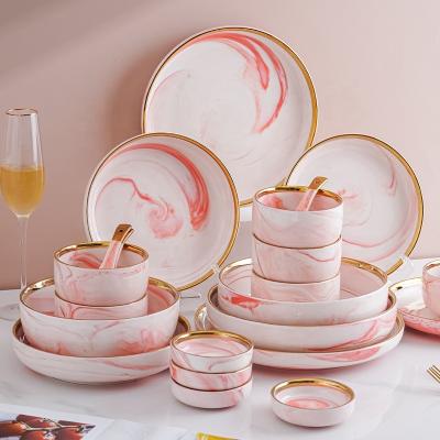 China 9 18 26 32 Pcs Sustainable Luxury Wedding Gold Edged Line Plated Ceramic Dinnerware Dining Plate And Bowl Pink Dinner Set Marble Porcelain for sale