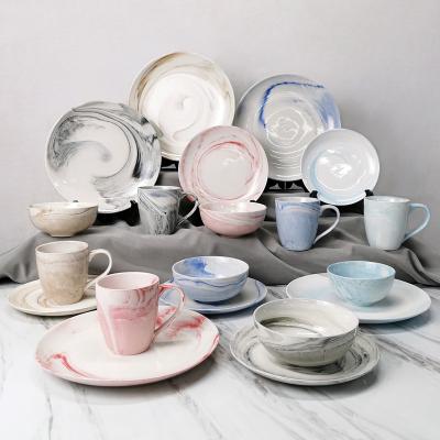 China Stocked Wholesale 16 Pcs Gray Pink Marble Fine Bone China Pieces Look Tableware Fine Look Dinnerware Set Ceramic Porcelain Dining Dinner Set for sale