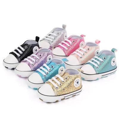 China Spring BABY Breathable Hot Sale Sequin Fabric Classic Canvas Prewalker Shoes Baby Toddler Shoes for sale