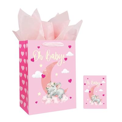 China Custom Order 300gm Ivory Board Roze Baby Douche Gift Carrier Paper Bag voor Baby Kleding Te koop