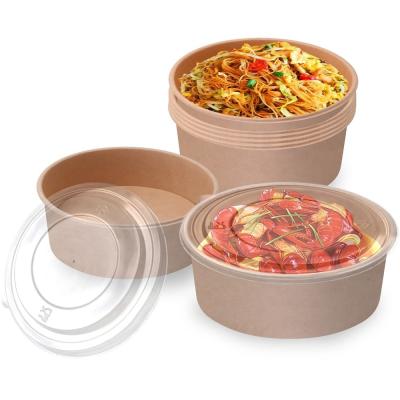 China Custom Round 1300ml 1500ml Food Packaging Kraft Salad Paper Bowl With Lid Waterproof for sale