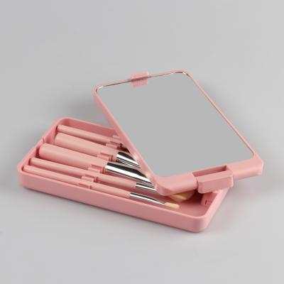 China Custom Logo Cosmetic Gift White Pink Custom Made Sublimation Plastic Foldable Fashionable Square Portable Storage Make Up Brush Mirror Set for sale