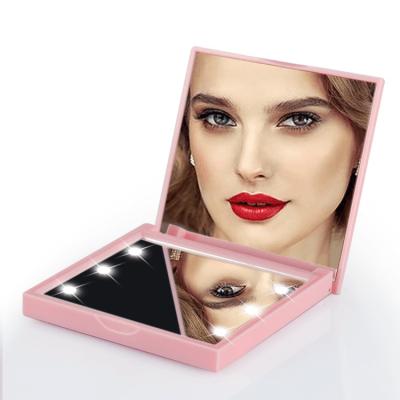 China Popular Gift Folding Pink Pocket Vanity 1x 2x ODM OEM Factory Lighted Compact Vanity Makeup Lighted White Magnifying Portable Led Mirror for sale