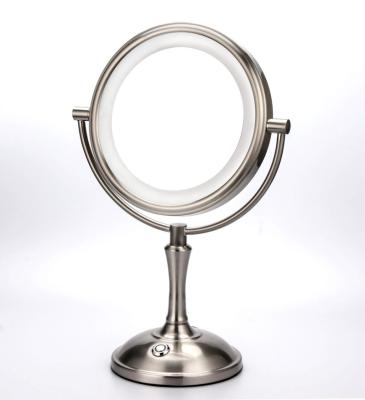 China Custom Bronze Lighted Round Side Lighted Metal Retro Classic Double Vanity Table LED Magnifying Mirror 360 Degree Arbitrary Rotation for sale