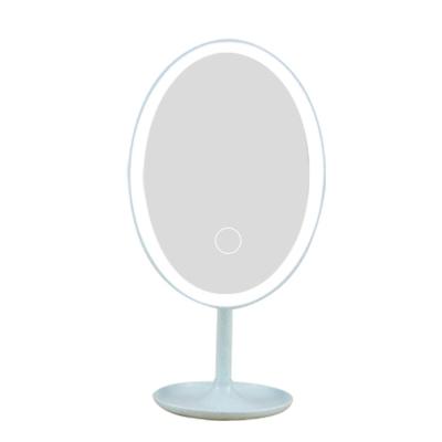 China Promotion Lit Lit Customized Fashionable White Oval Frame Storage Switch Touch Makeup LED Dressing Table Plastic Standing Mirror for sale