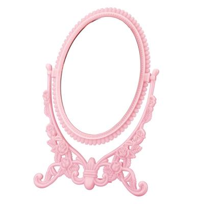 China Promotion Double Sided Metal Fashionable Pink Oval Double Sided 360 Degree Rotation Double Side Arbitrary Makeup Desk Standing Mirror for sale