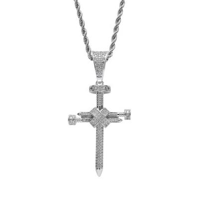 China Real Gold Hiphop Brass And Bling Cross Pendant Necklace Stock Nail Zircon Color Plating for sale