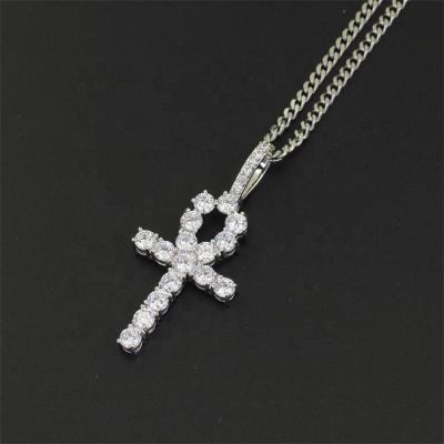 China Hiphop Stock Stainless Steel Cuban Chain With Real Gold Color Brass And Zircon Anka Cross Pendant Necklace for sale