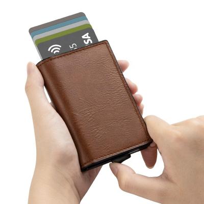 China New Trend Fashion Leather Rfid Blocking Noise Up Card Case Card Holder Aluminum Business ID Wallet Anti-theft Card Holders for sale